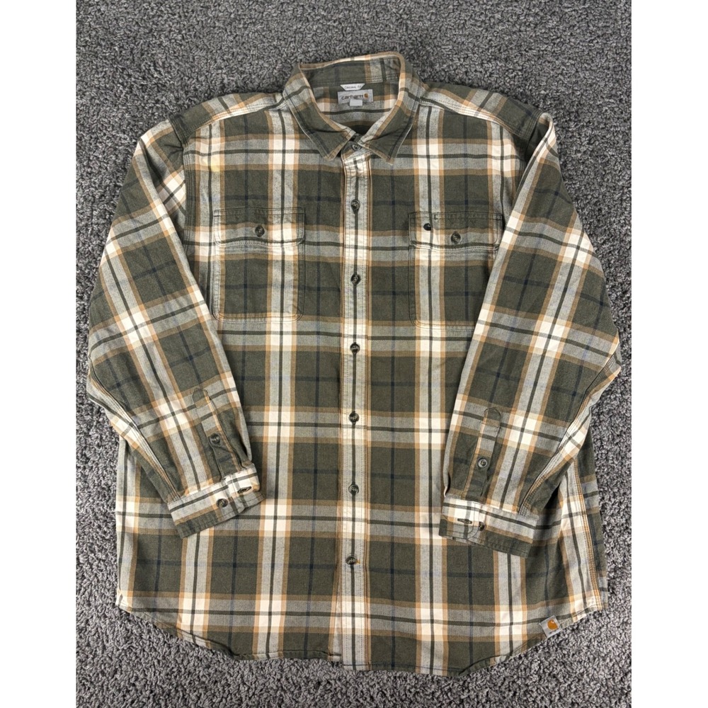Carhartt Mens 2XL Original Fit Plaid Flannel Button Down Shirt Olive Green Tan